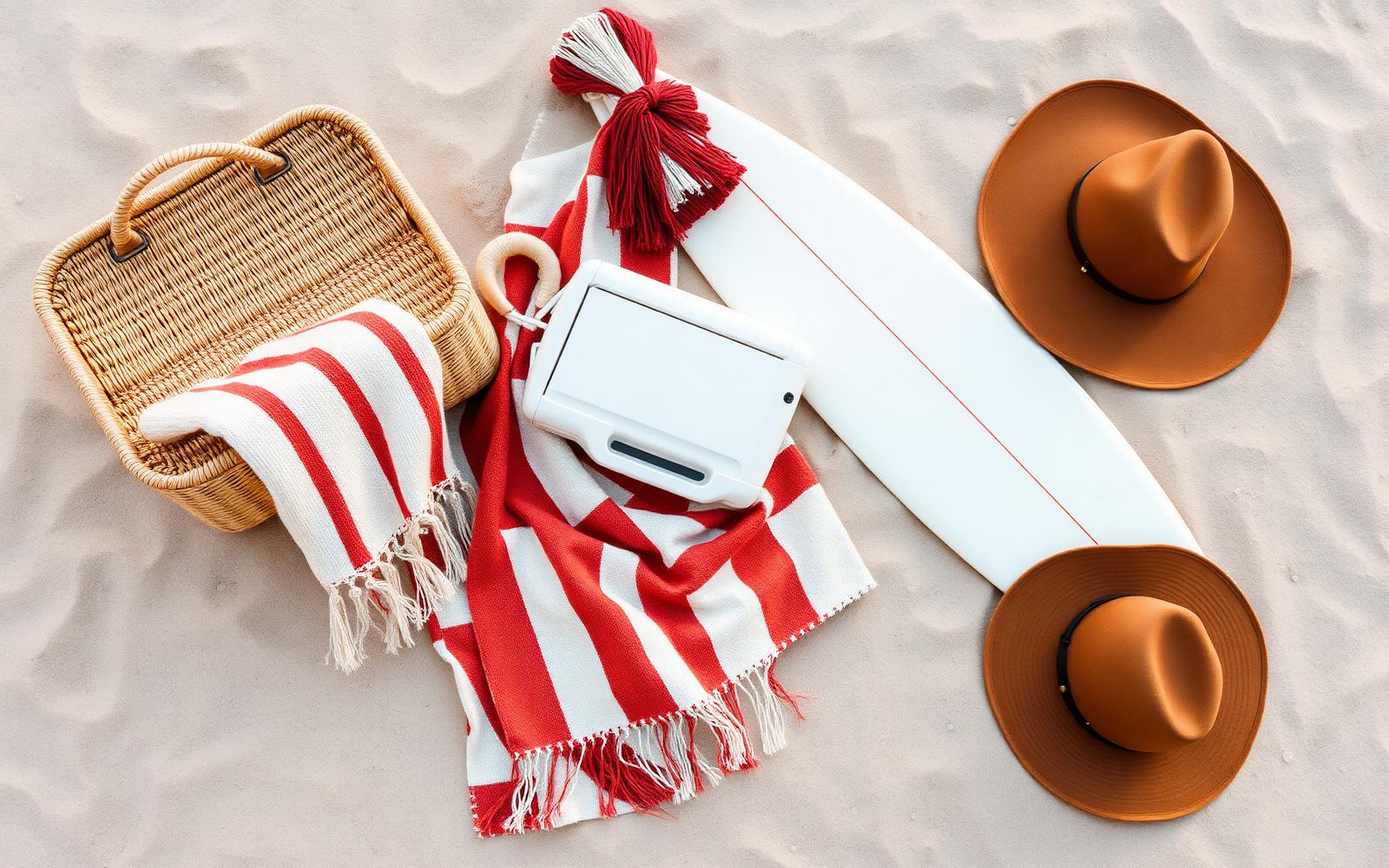 Boho beach rental accessories flat lay