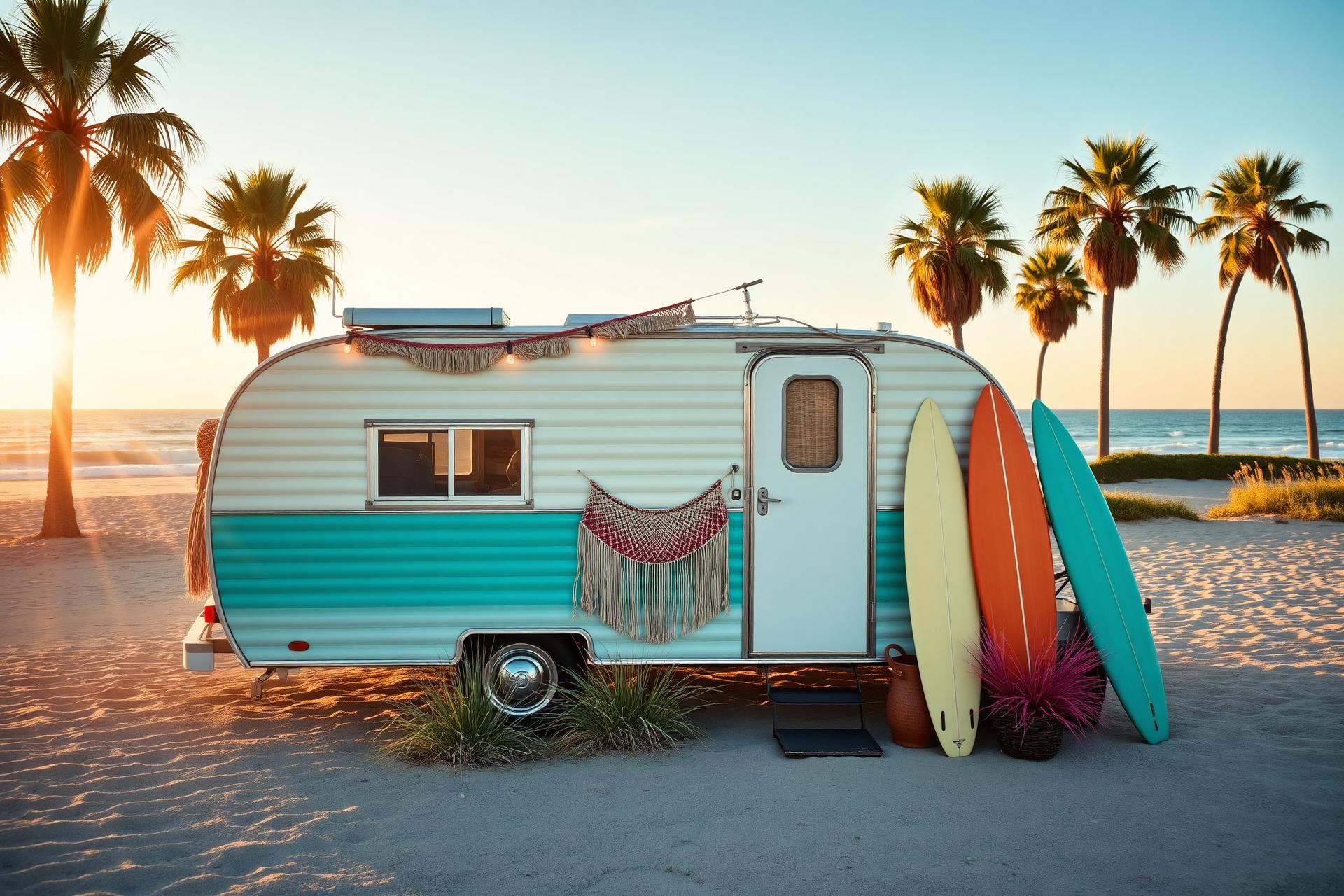 Vintage boho camper trailer parked at the beach in Ventura